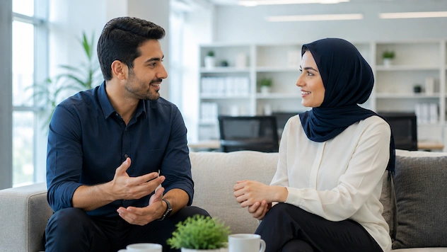 زن و مردی در حال گفتوگوی دوستانه و حرفهای که با آرامش و اعتماد به نفس در محیطی روشن با یکدیگر ارتباط برقرار کردهاند.