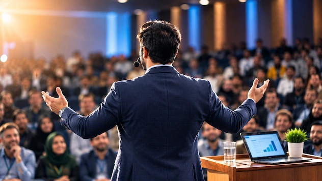 سخنران با اعتماد به نفس در حال ارائه برای جمعی از مخاطبان در یک همایش حرفهای