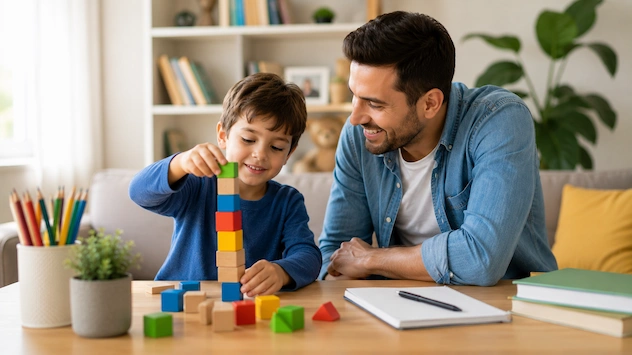 کودک در حال بازی آموزشی با حمایت پدر؛ تقویت اعتماد به نفس و مهارت حل مسئله