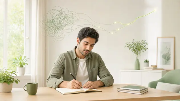 فردی در حال نوشتن افکار خود برای شناسایی باورهای محدودکننده و تبدیل ذهن آشفته به مسیری روشن