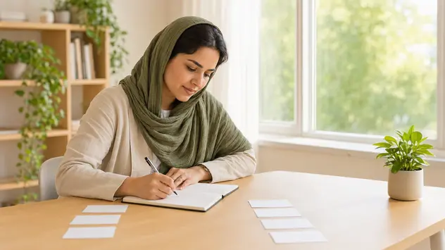 فردی در حال نوشتن و جایگزینکردن افکار منفی با افکار متعادلتر