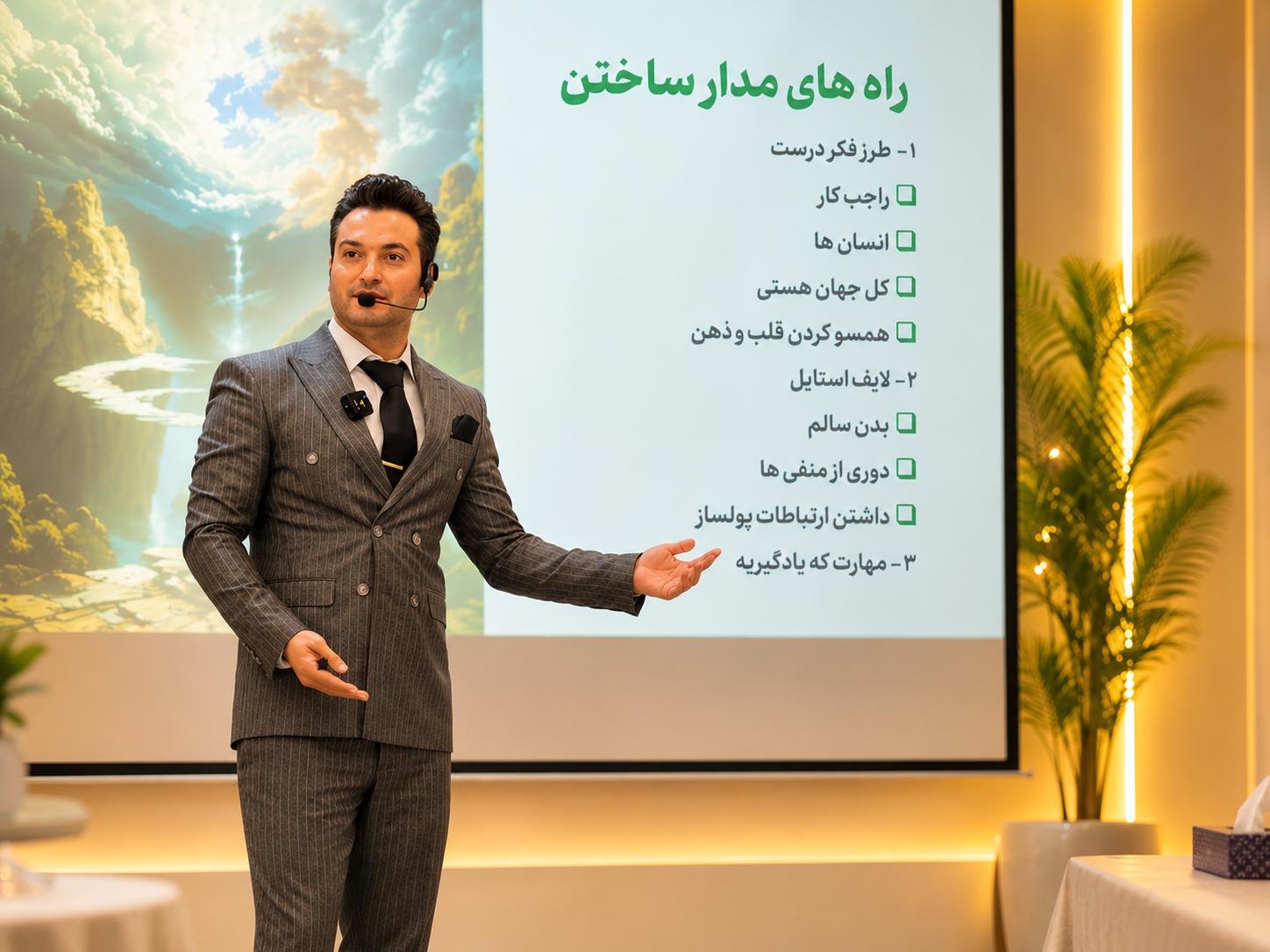 راشد ابراهیمی در حال برگزاری دوره آموزشی ذهنیت، رشد فردی و اعتمادبه‌نفس