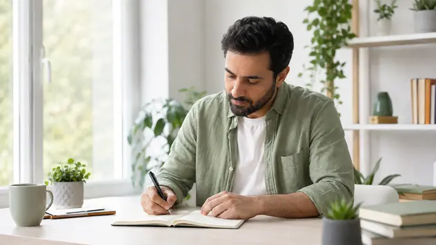 مردی در حال نوشتن برنامه عملی برای تقویت ذهنیت مثبت