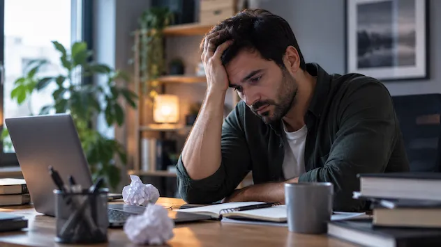 مردی مضطرب پشت میز کار، نمادی از ترس از اشتباه و کمال‌گرایی در عزت نفس پایین 