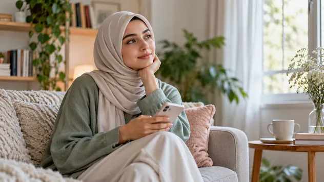 زن محجبه در حال فکر کردن درباره تأثیر شبکههای اجتماعی بر تصویر بدنی و عزت نفس