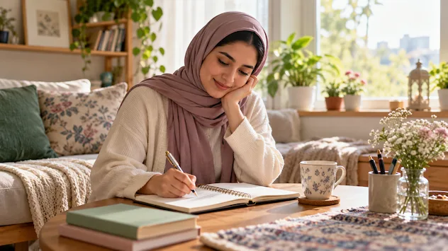 زن محجبه در حال نوشتن درباره خودپذیری، احساس ارزشمندی و تصویر بدنی سالم
