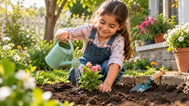 کودکی در حال مراقبت از گل‌ها؛ نمادی از مسئولیت‌پذیری و عزت نفس سالم در کودکان