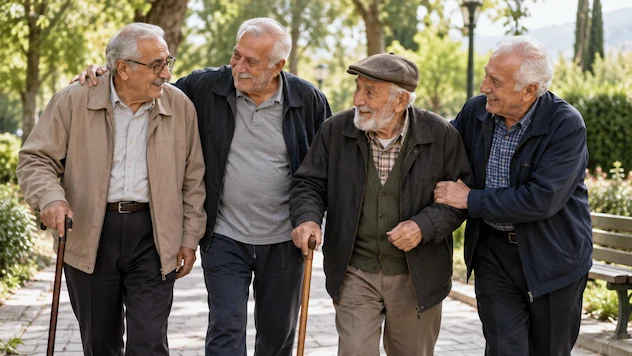 چند سالمند در کنار هم در حال حمایت و کمک به یکدیگر در فضای باز