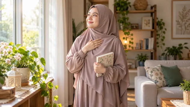 زن خانهدار محجبه با احساس آرامش، خودپذیری و عزت نفس در محیط خانه
