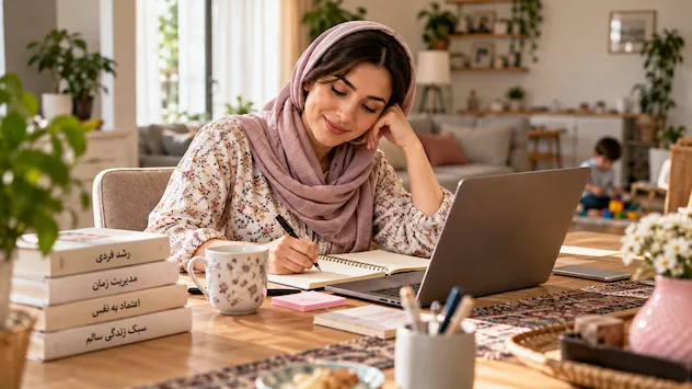 زن خانهدار در حال نوشتن و اختصاص زمان به رشد فردی و تقویت عزت نفس