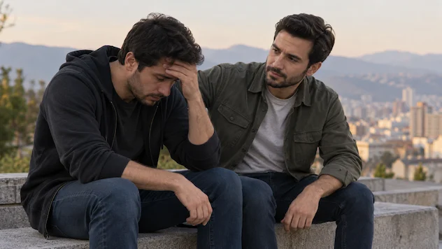 دو مرد در کنار هم؛ یکی ناراحت و دیگری در حال حمایت از او، نمادی از تابآوری و حمایت انسانی