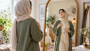 زنی محجبه در مقابل آینه با احساس آرامش و پذیرش ظاهر خود، نمادی از عزت نفس و تصویر بدنی سالم